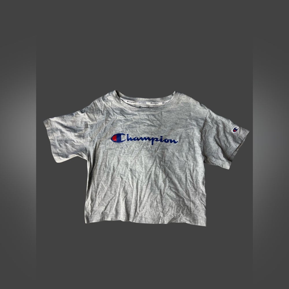 Champion Gray Crop Logo Tee with Blue & Red Script